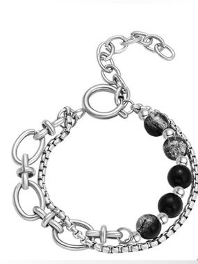 #106 Unisex Silver Chain Bracelet with Black and Gray Beads